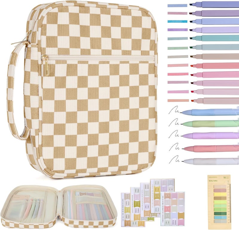 YKFLY Bible Cover Case for Women Corduroy Bible Case for Girls Checkered Large Bible Cover with Handle Bible Study Supplies Accessories Christian Gifts for Women (Khaki, Medium) - Image 1